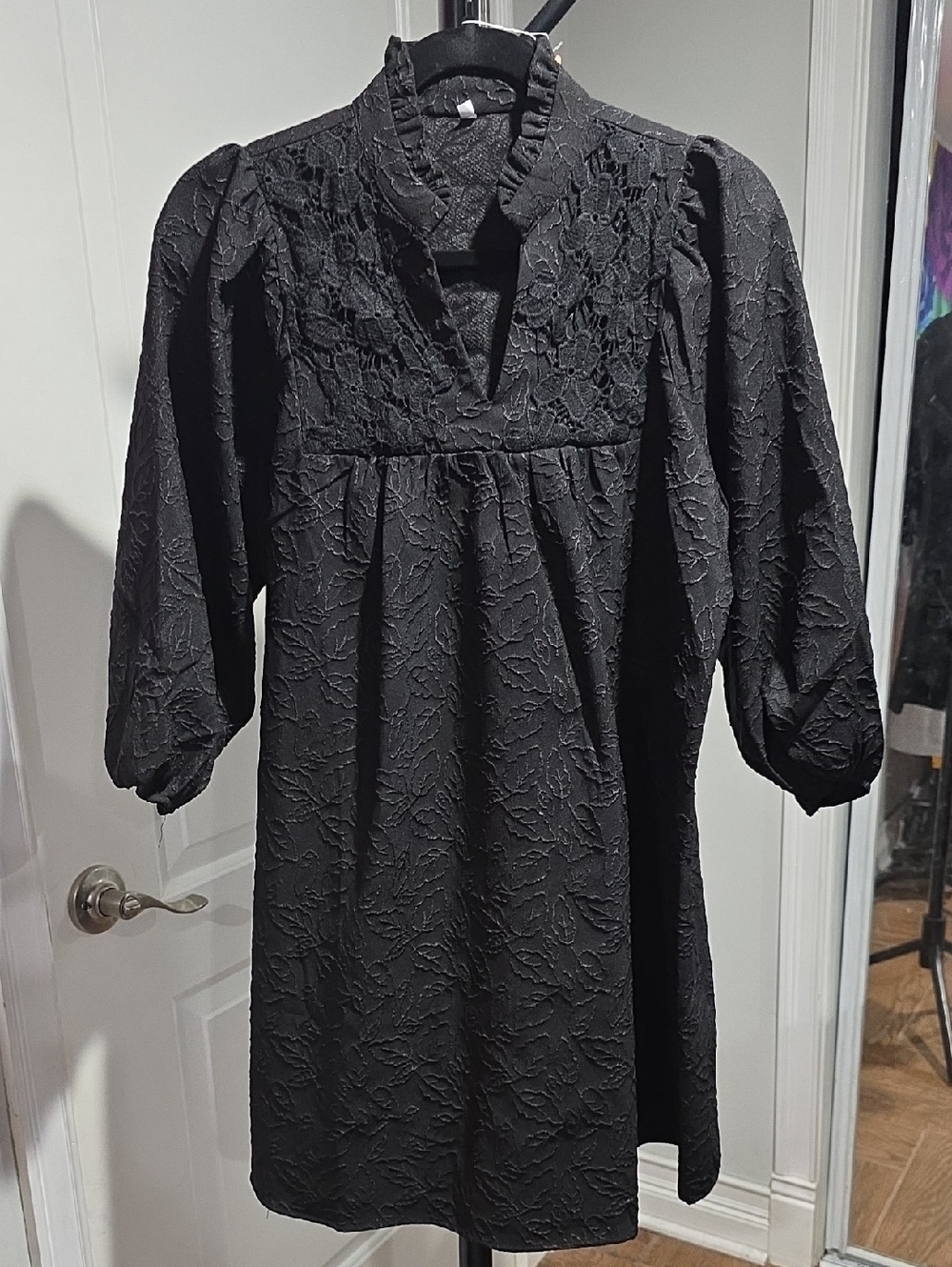 Black Textured Lace Long Sleeve Mini Dress